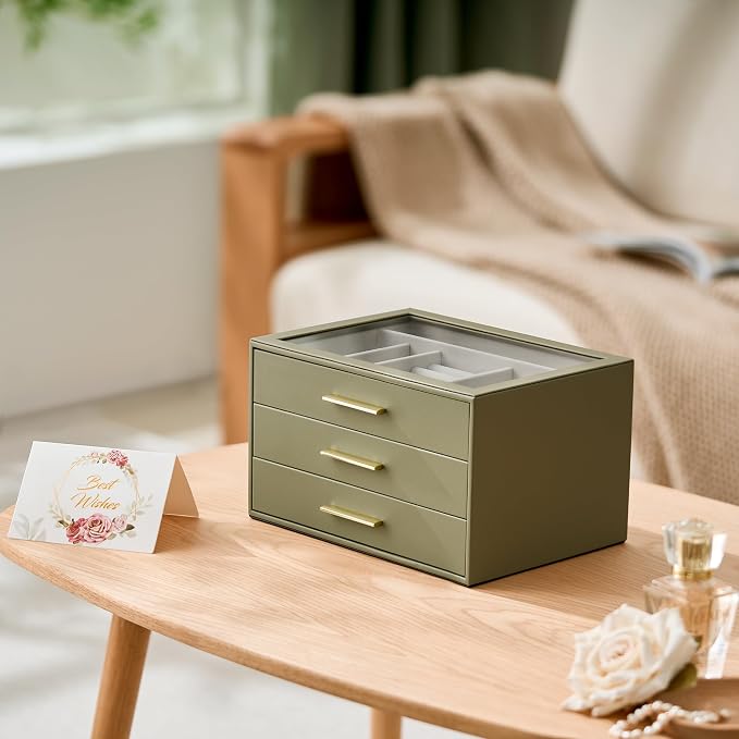 Jewelry Box Organizer Case for Women: 3-Layer Jewelry Storage Case with Glass Window, Olive Green Leather with Cream Velvet, Holder for Ring Necklace Bracelet Brooch Watch, Great Gift for Her - Image 6