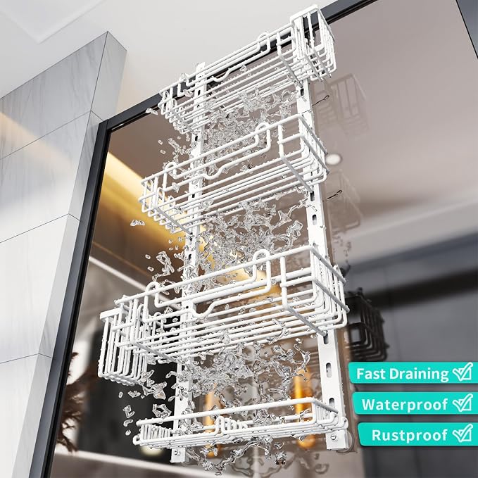 HapiRm 4 Tier Over the Door Shower Caddy, Hanging Shower Caddy with 22 Hooks and 2 Toothbrush Holders, No Drilling Adjustable Hanging Bathroom Organizer - White - Image 5
