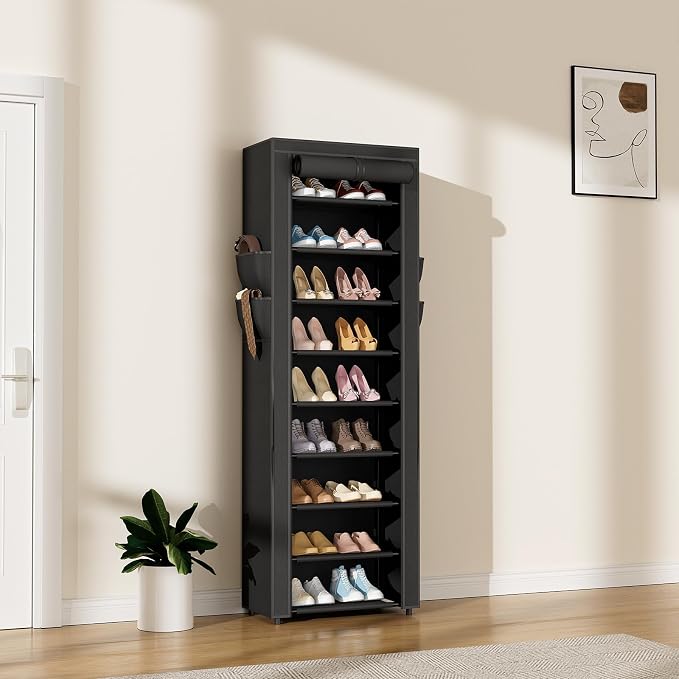 LANTEFUL Narrow Shoe Rack with Cover 10 Tier Tall Shoe Rack Organizer Large Capacity Shoe Shelf Storage 18-22 Pairs Space Saving Free Standing Shoe Storage Organizer for Closet, Entryway, Dorm, Black - Image 2
