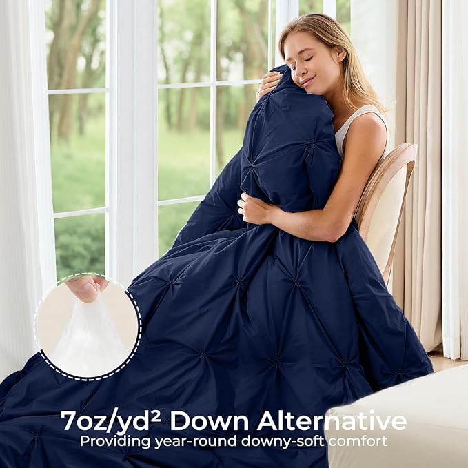 Sasttie King Size Comforter Set, 7-Piece Bed in a Bag, Pintuck Bedding Sets for All Season, Includes Comforter, Flat Sheet, Fitted Sheet, Pillowcases and Pillowshams, Navy