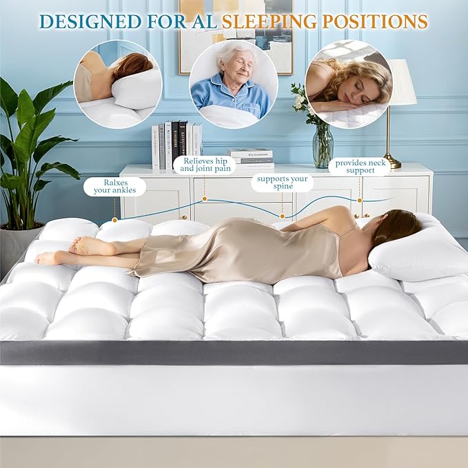 4 Inch Memory Foam Mattress Topper, Cooling Extra Thick 2000 GSM Pillow Top Mattress Pad for Back Pain Relief,Soft Breathable Mattress Cover for Fluffy Shredded Memory Foam Filled,(Queen, 60"x80")