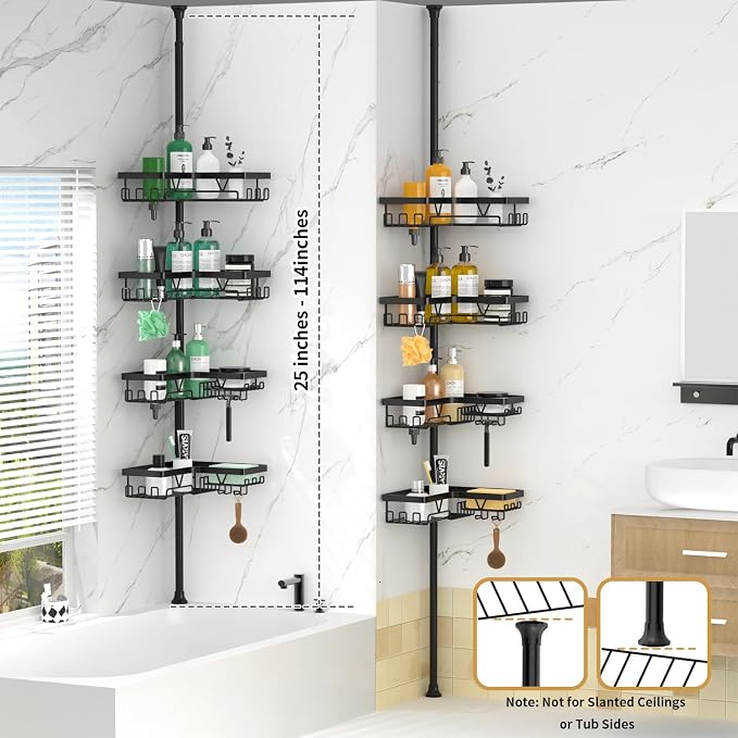 DAOYA Corner Shower Caddy - 4-Tier Shower Caddy Tension Pole with 2 Removable Soap holders Bathroom Shampoo Holder for Bathtub & Corner, Black, Floor to Ceiling 25-114.2 inch - Image 7