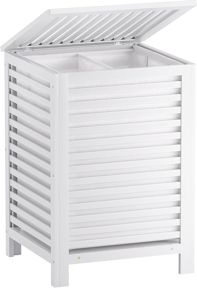 SMIBUY Double Laundry Hamper with Lid, 120L Bamboo Laundry Basket with Removable Liner Bag, 2-Section Clothes Divider Laundry Sorter for Laundry Room, Bathroom, Bedroom (White) by SMIBUY