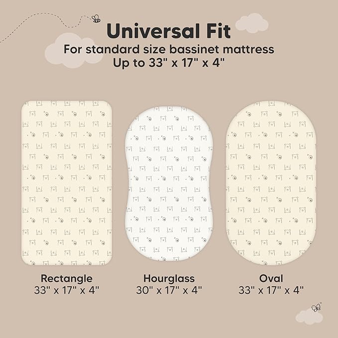 2-Pack Waterproof Bassinet Sheets Boy, Girl - 33x17 Baby Bassinet Mattress Protector Cover, Viscose Derived from Bamboo, Compatible with Graco, Baby Delight,Halo Bassinest Swivel Sleeper (Bumble Bear)