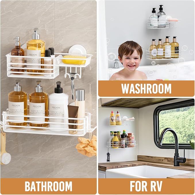 LEVERLOC Shower Caddy Suction Cup, 2 Pack Shelves for Inside with Hooks and Soap Holder, NO-Drilling Bathroom Organizer, Rustproof Meatl Bathroom Holder, White - Image 5