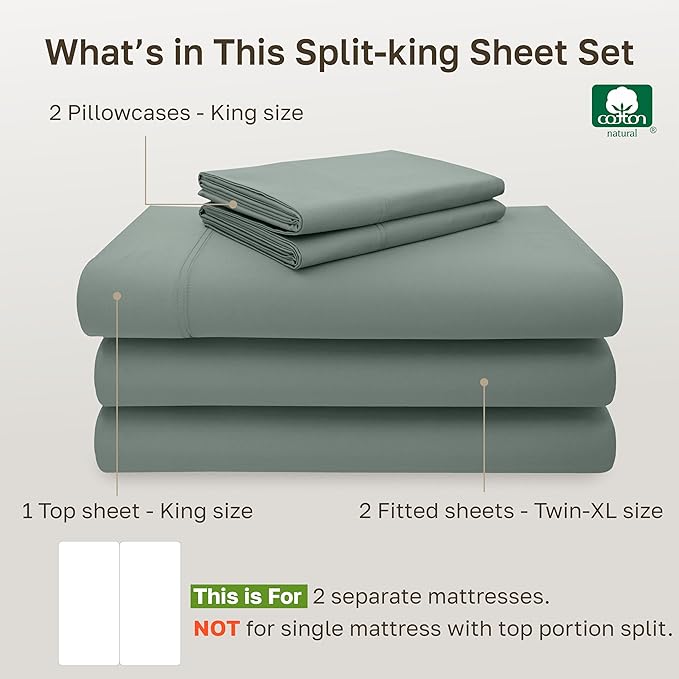 California Design Den Split King Sheet Set - 100% Cotton, Luxury 600 Thread Count, Breathable Split King Size Sheets for Adjustable Bed, Luxury Durable Sheets, Soft Sateen (Sage Green - Cool Tone)