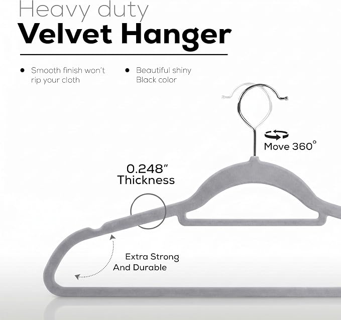 Utopia Home Premium Velvet Hangers 20 Pack - Non-Slip Clothes Hanger with Tie Bar - Grey Hangers with 360 Degree Rotatable Hook - Heavy Duty Coat Hanger - Image 3