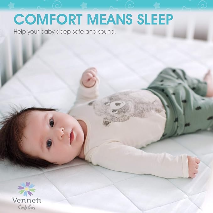 Venneti Crib Mattress Cover - Cotton Waterproof Mattress Protector for Newborn - Premium Quality Hypoallergenic and Breathable Fabrics - Soft and Comfortable… (White, Crib Mattress Pad)