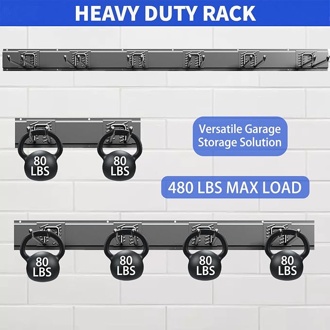 Garage Tool Organizer Wall Mount, 48 Inch Heavy Duty Garden Tool Organizer Storage System, Easy Install with 6 Adjustable Straight Hooks, for Garage, Basement, Shed, Workshop, Black, Steel - Image 2