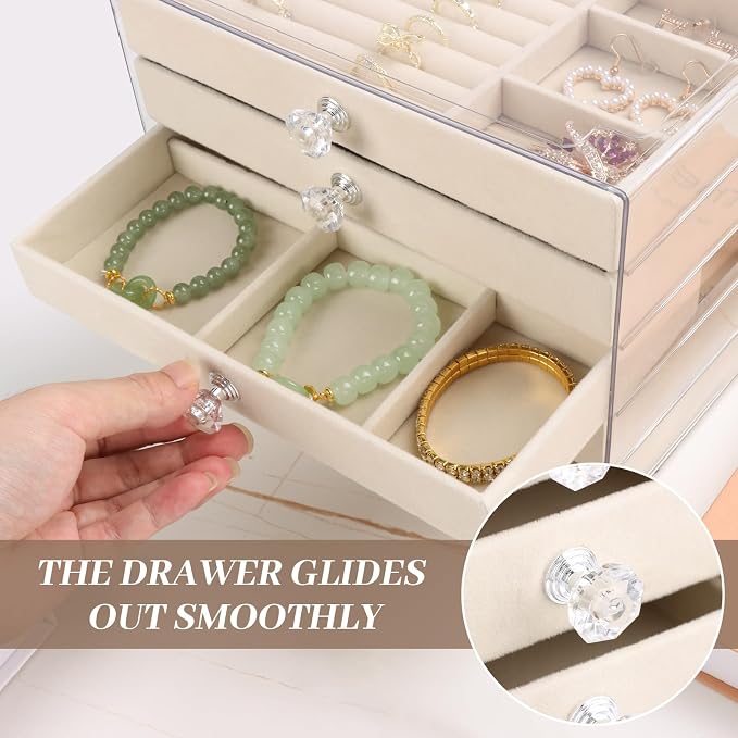 Hyber&Cara Luxury Acrylic Jewelry Box Organizer - 5 Drawers Velvet Lined Clear Stackable Storage for Earrings Necklaces Rings Bracelets Elegant Beige Dresser Top Vanity Display - Image 7