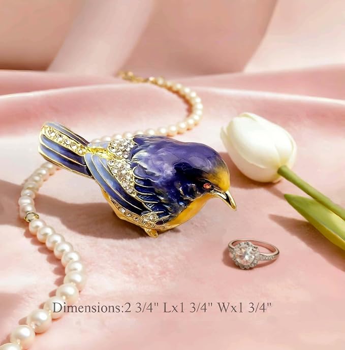 Starling Bird Trinket Boxes Hinged with Crystals Enameled Jewelry Box.Bird Lover Gifts for Women.Necklace Ring Box Earrings Storage.Collectible Bird Figurines Home Decor -Blue Yellow. - Image 8