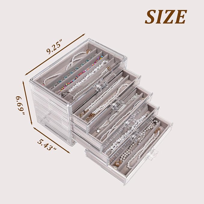 5 Drawerss Necklace Organizer Box, Tray with Clear Lid, Dustproof Velvet Necklaces Holder Storage Display Case, Gery Necklace Tray Drawer Insert for Pendant Suitable for Women and Girls (25 grids) - Image 4