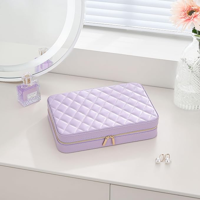 Lolalet Travel Jewelry Case for Women Girls, Travel Jewelry Organizer Box with Mirror & Clear Storage Bag, Small Portable Earring Necklace Bracelet Ring Case, Birthday Valentine Gifts -Large, Purple - Image 7
