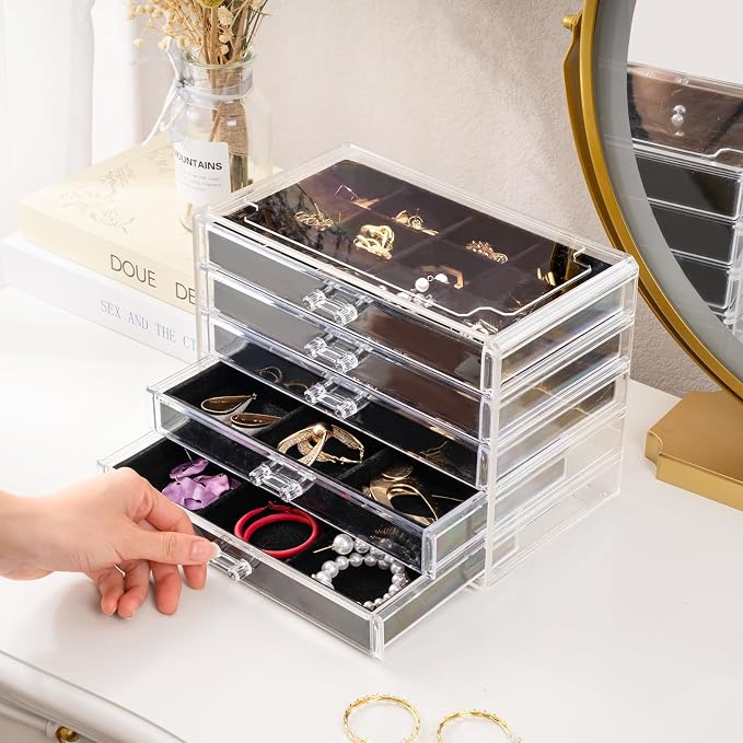 ProCase Earring Holder Organizer Jewelry Box with 5 Drawers, Acrylic Clear Earring Case with Adjustable Velvet Trays for Women - Black, 5 Layers - Image 3