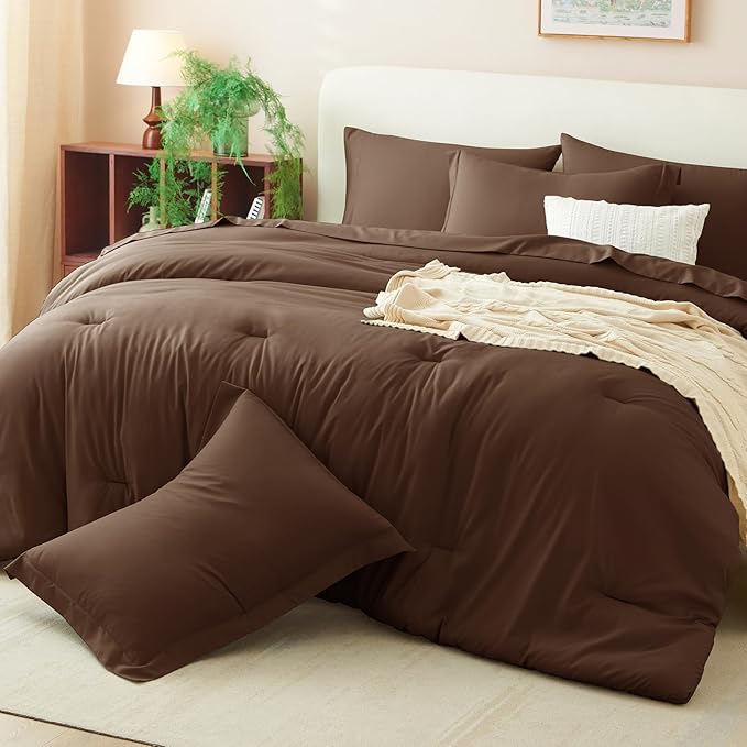 CozyLux Queen Comforter Set Brown, 7 Pieces Bed in a Bag Queen Comforter Set with Sheets, Luxury Soft Bedding Sets with Down Alternative Comforter, Fitted Sheet, Flat Sheet, Pillowcases & Shams