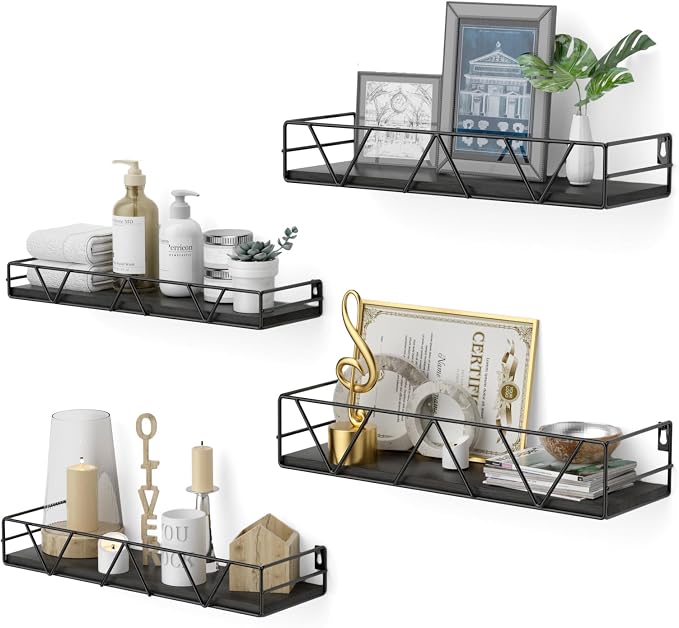 Amaoot Floating Shelves Set of 4, Home Wood Wall Shelf, Farmhouse Shelf for Bedroom, Wall Mounted Floating Shelf for Living Room, Bedroom, Bathroom, Kitchen, Office (Black) by Amoot
