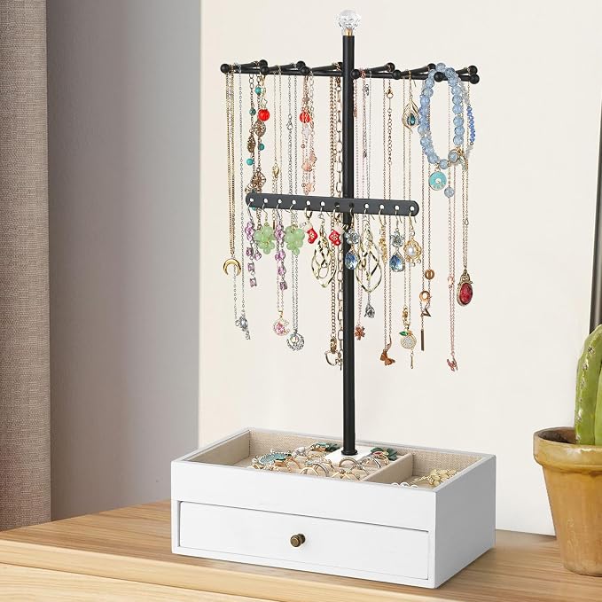 Meangood Jewelry Organizer Stand, 3-Tier Necklace Holder Jewelry Tree with Wooden Storage Drawer Box for Necklace Bracelet Earring Ring,White - Image 6