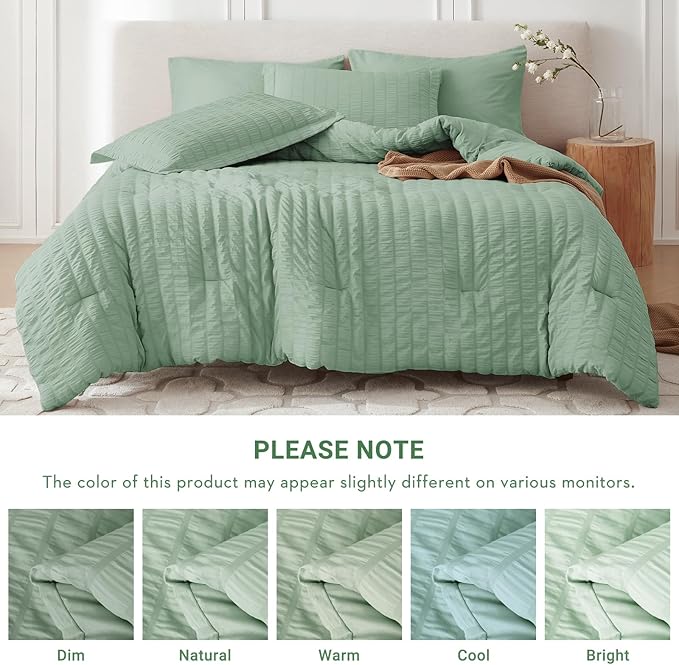 MUXHOMO 5 Pieces Twin XL Comforter Set, Seersucker Bed in a Bag Twin XL Size, All Season Luxury Bedding Set with Comforter, Flat Sheet, Fitted Sheet, Pillowcase & Sham, Sage Green