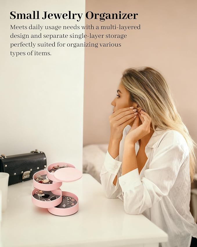 CONBOLA Jewelry Organizer, Small Jewelry Storage Box Earring Holder for Women, 4-Layer Rotating Travel Jewelry Tray Case with Lid for Bracelets Rings Bracelets, Gift for Women Teen Girls - Image 5
