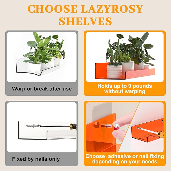 4 Pack Floating Shelves –15'' Orange Acrylic/PET Wall-Mounted No Drill Storage with Adhesive, Bathroom & Bedroom Shelving for Kitchen, Living Room, Home Decor - Image 3