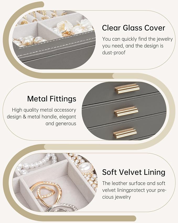 AKOZLIN Jewelry Box with Clear Lid Functional Leather Jewelry Storage Organizer Case 3 Drawers for Women Girls Necklace Ring Bracelet Earring - Image 2