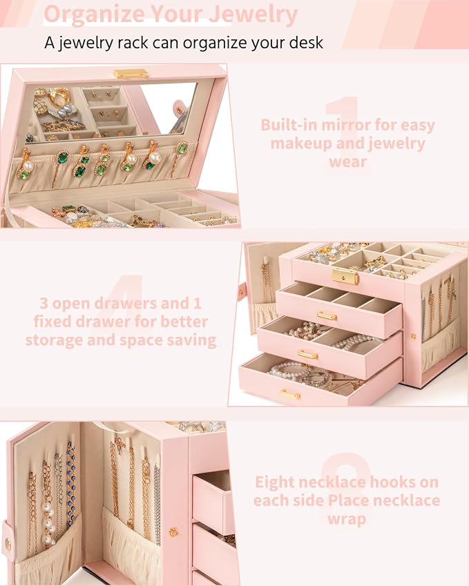 AKOZLIN Large 4-Tier Jewelry Box Leather Jewelry Storage Organizer with 3 Drawers Lockable for Women Girls Ring Necklace Earring Bracelet Watches Holder with Mirror Pink - Image 5