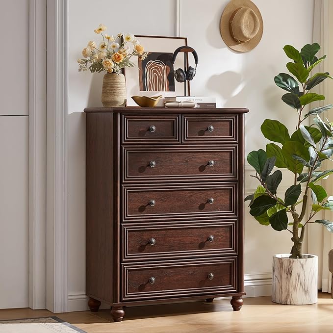 Farmhouse 6 Drawer Dresser Set of 2, Chest of Drawers for Bedroom, 43.5" Tall Walnut Kids Dresser with Roman Column and Metal Handles, Storage Dressers Organizer for Living Room, Hallway, Closet