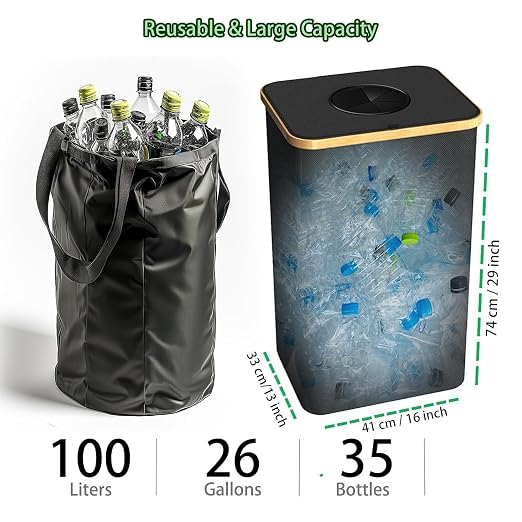 Recycling Bin for Kitchen Indoor Home,Beige Color Large 100L/ 26 Gallon Recycle Bin with Lid Removeable Reusable Inner Bag Bottle Can Glass Waste Plastice Stickers - Image 4