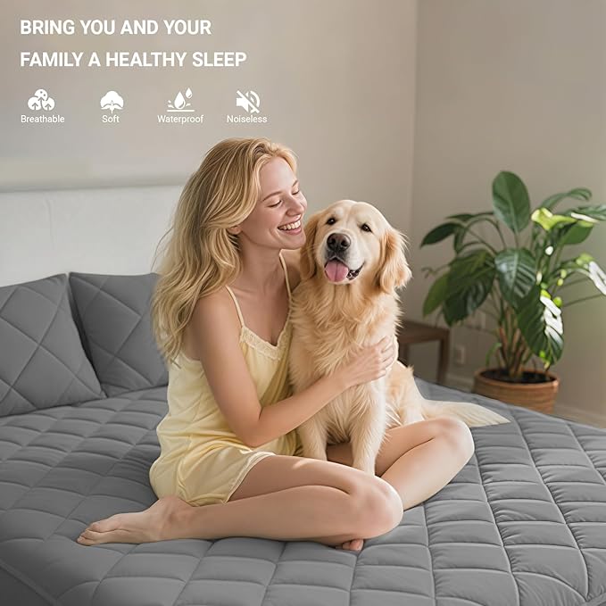 Twin XL Mattress Protector,Waterproof Mattress Protector Fitted Up to 16" Deep Pocket, Soft Breathable Bed Mattress Cover for Bedroom,Doom Room,(Grey)