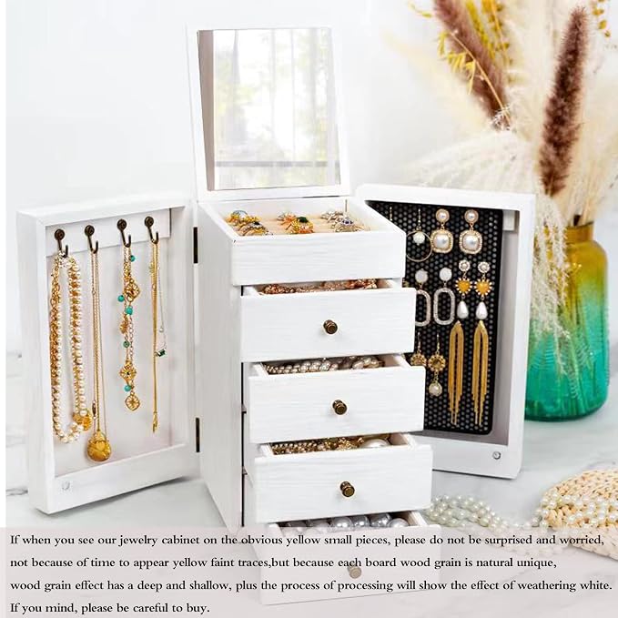 Meangood Jewelry Box Wood for Wowen, 5-Layer Large Organizer Box with Mirror & 4 Drawers for Rings, Earrings, Necklaces, White - Image 5