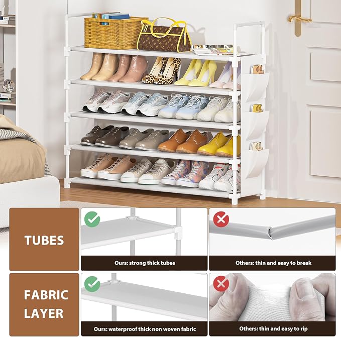 OYREL 5 Tier Shoe Organizer, 33.3in Wide x 11.2in Deep x 35.6in Tall, Black Metal and Plastic Shoe Rack with Side Bag, Holds 20-25 Pairs of Shoes - Image 7