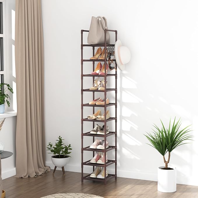 LANTEFUL Tall Shoe Rack 10-Tier Narrow Shoe Shelf Storage for 10-15 Pairs Shoe and Boot, Sturdy Shoe Storage Space Saving Corner Shoe Rack Organizer for Closet, Entryway, Living Room, Brown - Image 7