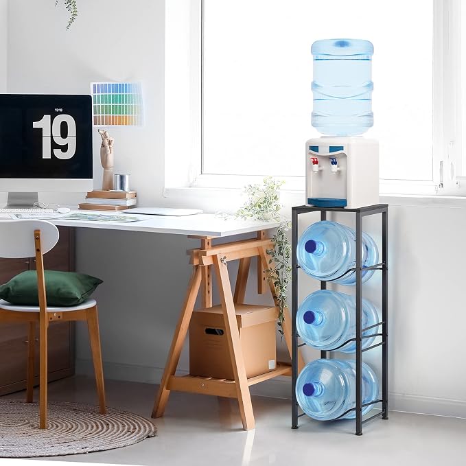 OYEAL Water Bottle Holder Organizer 5 Gallon Water Jug Stand with Shelves, 3-Tier Water Bottle Dispenser Stand for Kitchen Living Room Office, Black - Image 5