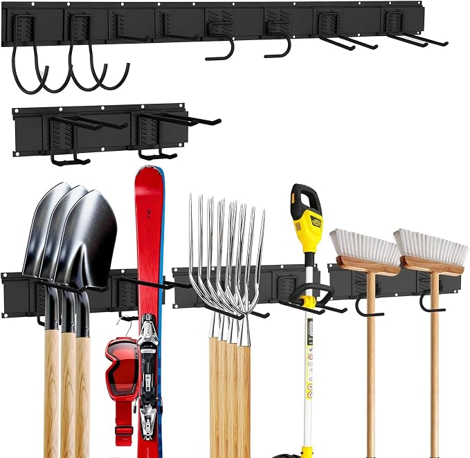 Garage Tool Organizer Wall Mount, Heavy-Duty Garage Storage System and Garden Tool Organizer with Adjustable Hooks for Shovel, Snowboard, Yard Tools and Shed (64"-10hooks) by TEBGEAG