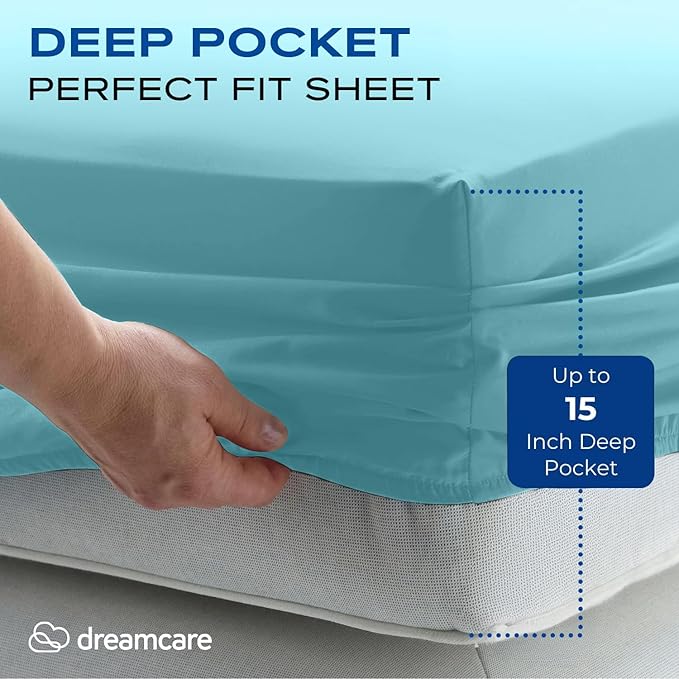 DREAMCARE Twin XL Sheet Sets - 4 pcs Breathable Cooling Bed Sheets - up to 15" Deep Pocket Twin XL Sheets Set with Side Pockets - Extra Soft 100% Brushed Hypoallergenic Hotel Luxury Bedding - Spa Blue