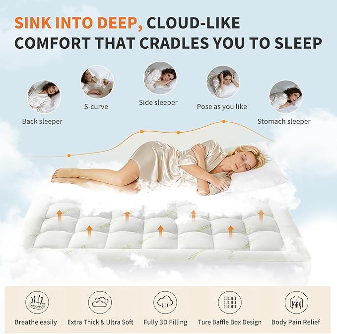 OLIXIS Twin XL Size Bamboo Viscose Mattress Topper, Thick Pillow Top Mattress Pad with Stretchable Pockets, Soft Pressure-Relieving Bed Topper for Back Pain Relief, Breathable
