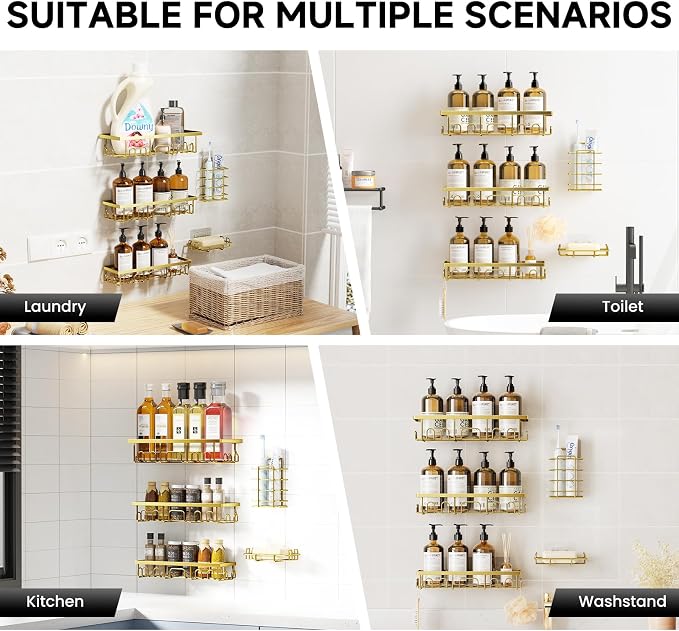 Shower Caddy, 5 Pack Shower Shelves for Inside Bathroom, Rustproof Adhesive Bathroom Organizer with Soap Holder, No Drilling Washroom Organizers and Storage for Bathtub Room/Kitchen/Home, Gold - Image 8