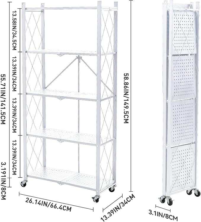 BRIAN & DANY 5-Tier Foldable Storage Shelves with Wheels, Folding Metal Rack Shelving Unit, Heavy Duty No Assembly Organizer Shelf for Garage, Kitchen, Basement, Pantry, White - Image 3