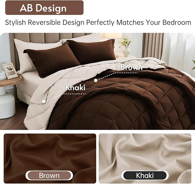 MUXHOMO 7 Pieces Full Comforter Set, Reversible Bed in a Bag Full Size, All Season Bedding Set with Comforter, Flat Sheet, Fitted Sheet, Pillowcases & Shams, Brown & Khaki