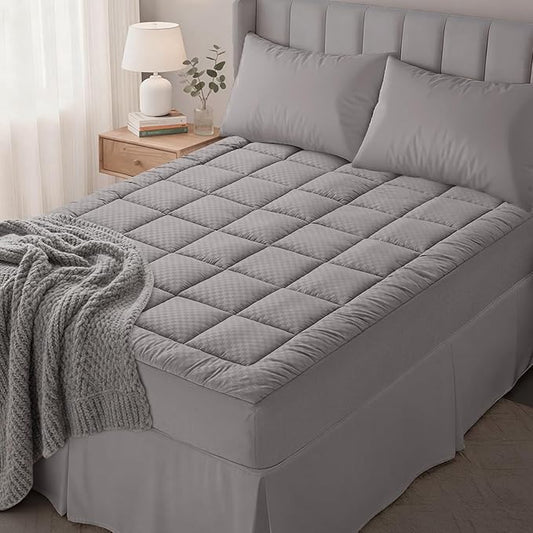 OLANLY Twin Quilted Fitted Mattress Pad, Elastic Fitted Mattress Topper, Cooling Soft Mattress Cover Stretches up to 21 Inches Deep, Machine Washable Mattress Protector (39x75 inch, Light Grey)