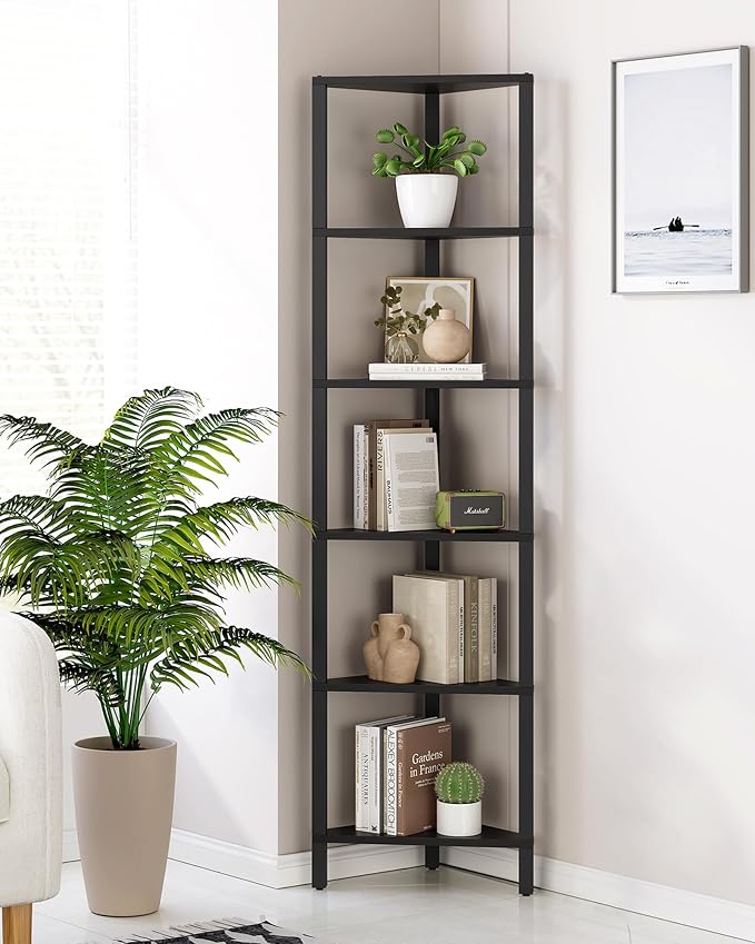 TUTOTAK Corner Shelf, 6-Tier Corner Bookshelf for Small Space, Narrow Display Corner Shelf Stand with Storage Rack, for Living Room, Bedroom, Black BS05BK006 - Image 5