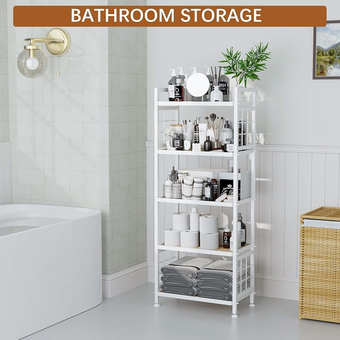 GIOTORENT 5-Tier Pantry Shelves with Wooden Boards, Heavy Duty Storage Shelves & Book Shelf, Adjustable Metal Shelving Unit for Kitchen Bathroom Laundry Organizer, Sturdy Rust-Resistant, White - Image 7
