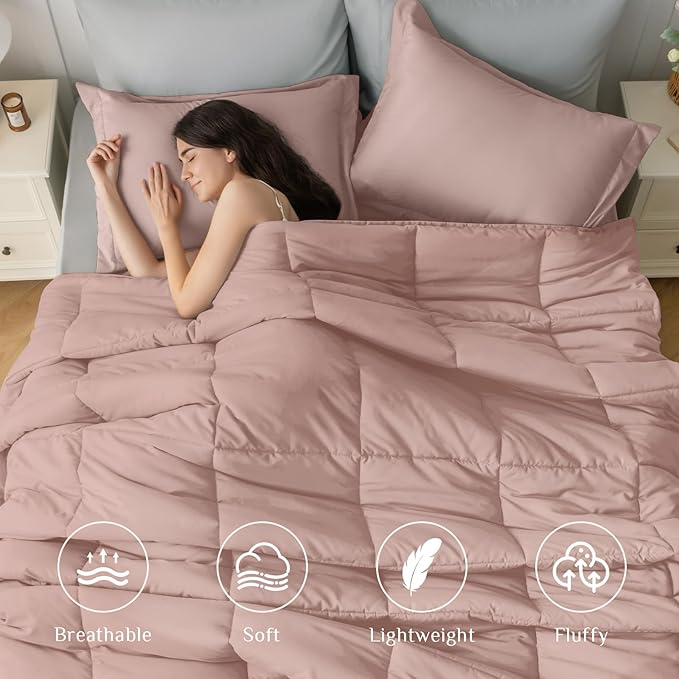 JOLLYVOGUE Full Comforter Set, Ultra-Soft Bed in a Bag Full Size 7 Pieces, Oeko-TEX Certified Bedding Set with Down Alternative Comforter, Sheets, Pillowcases & Shams, Pink & Light Grey
