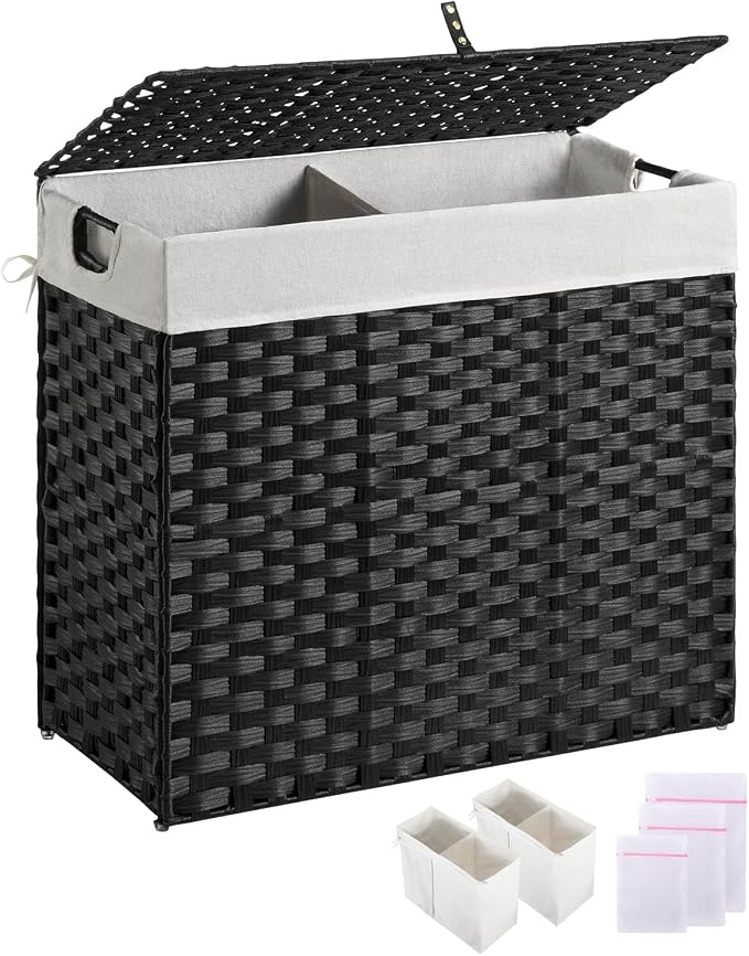 Greenstell Laundry Hamper with lid, No Install Needed, 130L Wicker Laundry Baskets Foldable 2 Removable Liner Bags, 2 Section Clothes Hamper Handwoven Rattan Laundry Basket with Handles, Black by Greenstell