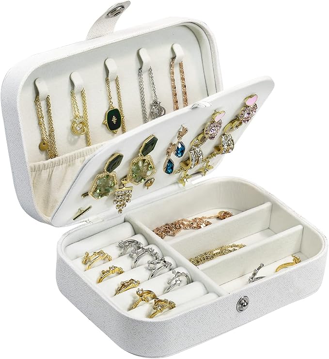 Hatori Travel Jewelry Box, PU Leather Small Jewelry Organizer for Women Girls, Portable Mini Travel Case Display Storage Holder Boxes for Stud Earrings, Rings, Necklaces, Bracelets (Glitter White) by SAJOMA