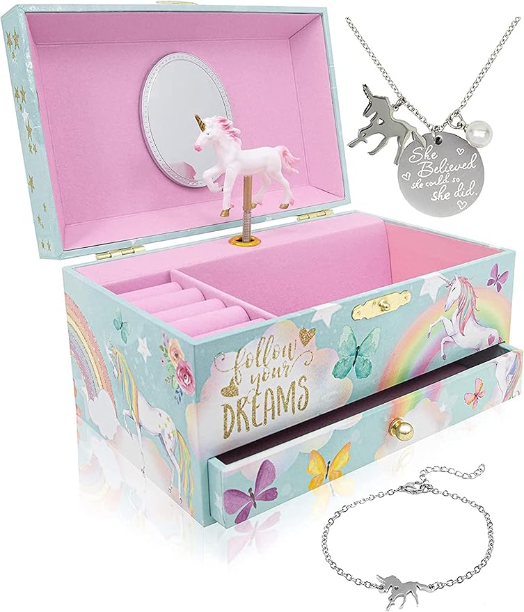 The Memory Building Co Unicorn Musical Jewelry Box Plays Classic Melody, Storage Organizer Music Box for Kids Ages 6-12, MDF Wood w/ 2 Fabric Lined Ring Bracelet Necklace Treasure Compartments by TheMemoryBuildingCompany