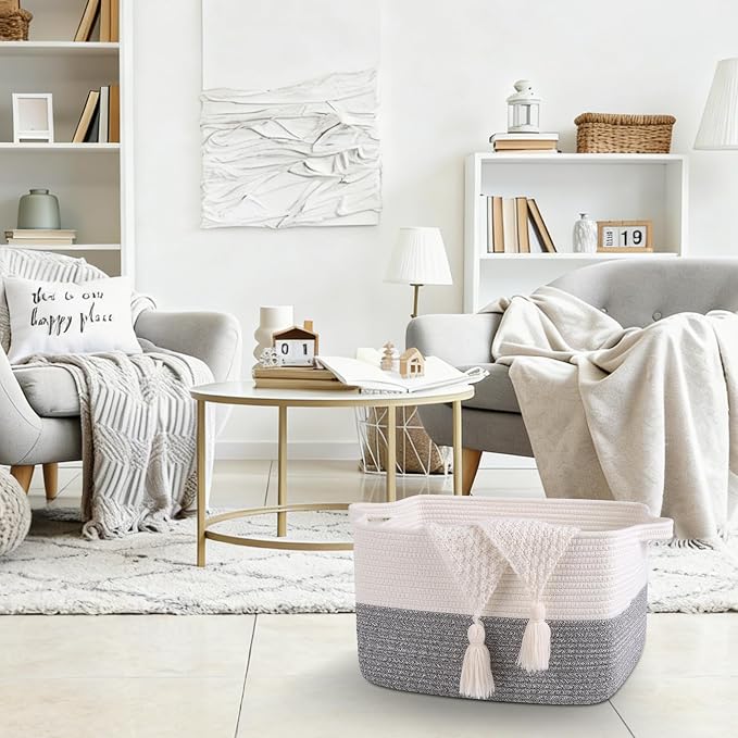 OIAHOMY Woven Storage Basket for Shelves, Rectangle Cotton Rope Baskets for Organizing, 16 x 12 x 10 in, Storage Bins for Dog Toys,Towel,Books,Gift,Grey and White - Image 4