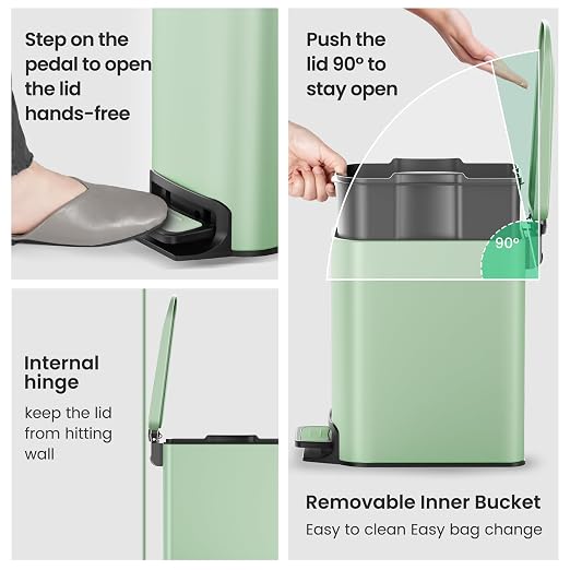 Cesun Small Bathroom Trash Can with Lid Soft Close, Step Pedal, 6 Liter / 1.6 Gallon Stainless Steel Garbage Can with Removable Inner Bucket, Anti-Fingerprint Finish (Matt Green) - Image 5