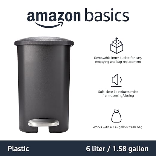 Amazon Basics Compact Plastic Bathroom Trash Can with Soft-Close Lid,Hands-Free Foot Pedal,Removable Inner Bucket,6 Liters,Black,(Pack of 6) - Image 2
