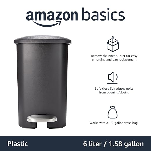 Amazon Basics Compact Plastic Bathroom Trash Can with Soft-Close Lid, Hands-Free Foot Pedal, Removable Inner Bucket, 6L / 1.6 Gallon, Black - Image 2